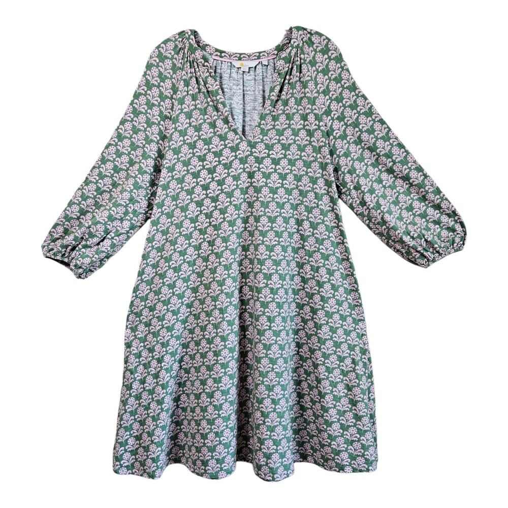 BODEN Women 10 L Dress Shift Green Pink Floral 3/4 Balloon Sleeve Cottage Cotton